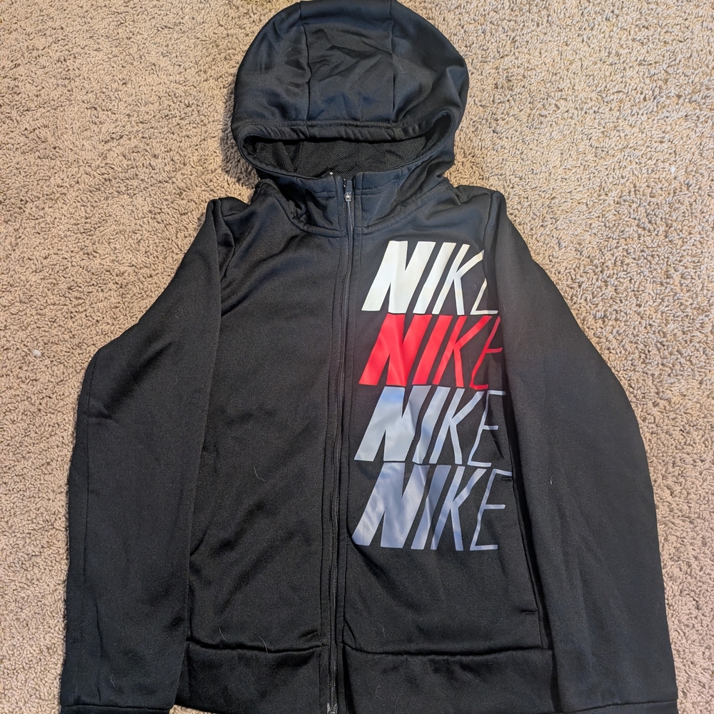 Nike Kids Black Hoodie with Red and Gray Logo